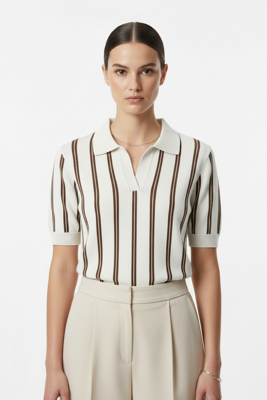 White Brown Knit Top - Front View