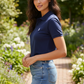 Women Cotton Polo T-Shirt Navy Blue - Side Pose Model
