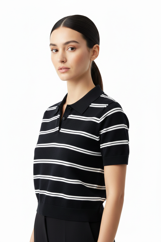 Black White Striped Knit Top - Close Up