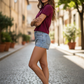 Women Cotton Polo Crop Top Maroon - Side Pose Model
