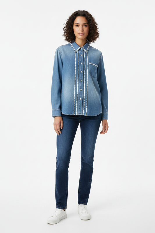 Lace Denim Shirt - Female Model Front Pose