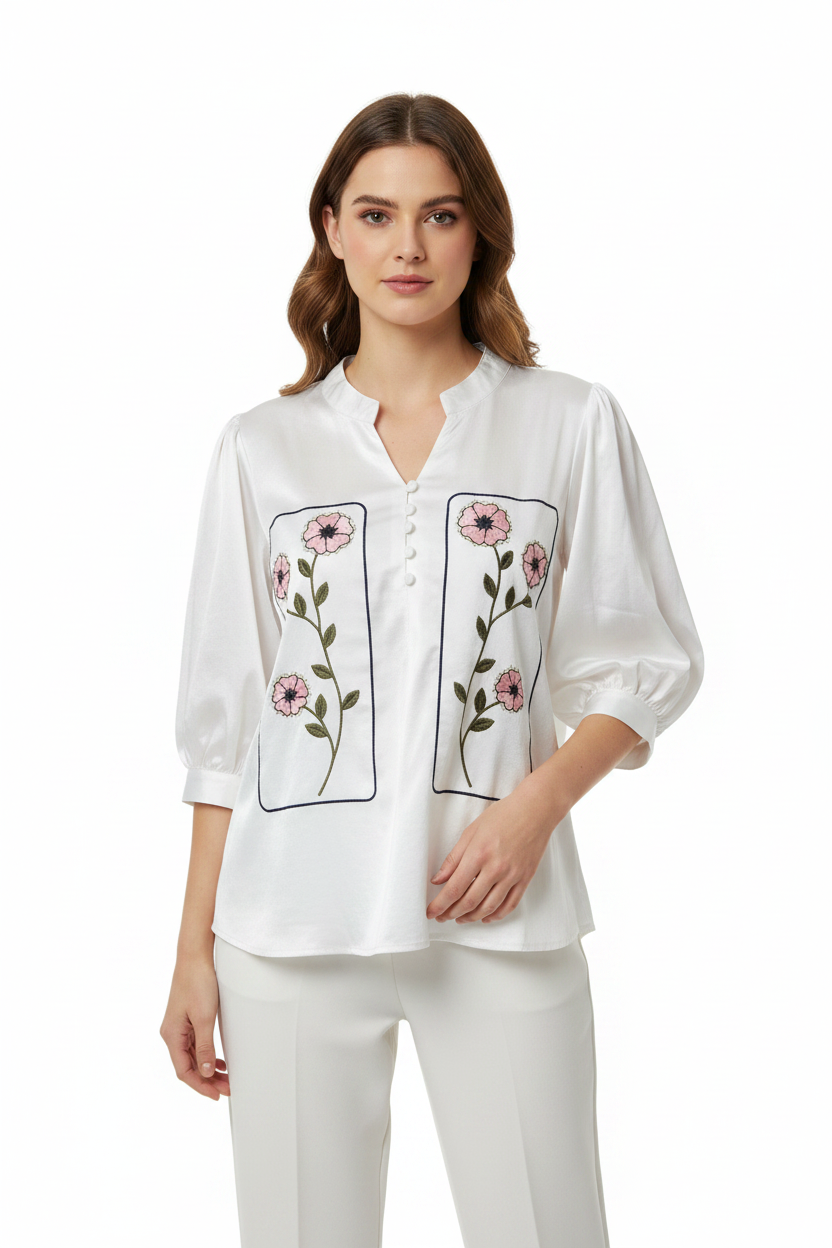 White Embroidered Top - Female Model Front Pose