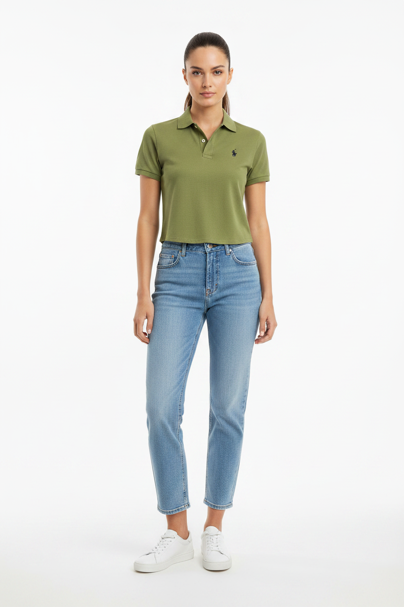 Women Cotton Polo Crop Top Olive Green - Front Pose Model