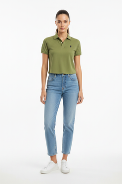 Women Cotton Polo Crop Top Olive Green - Front Pose Model