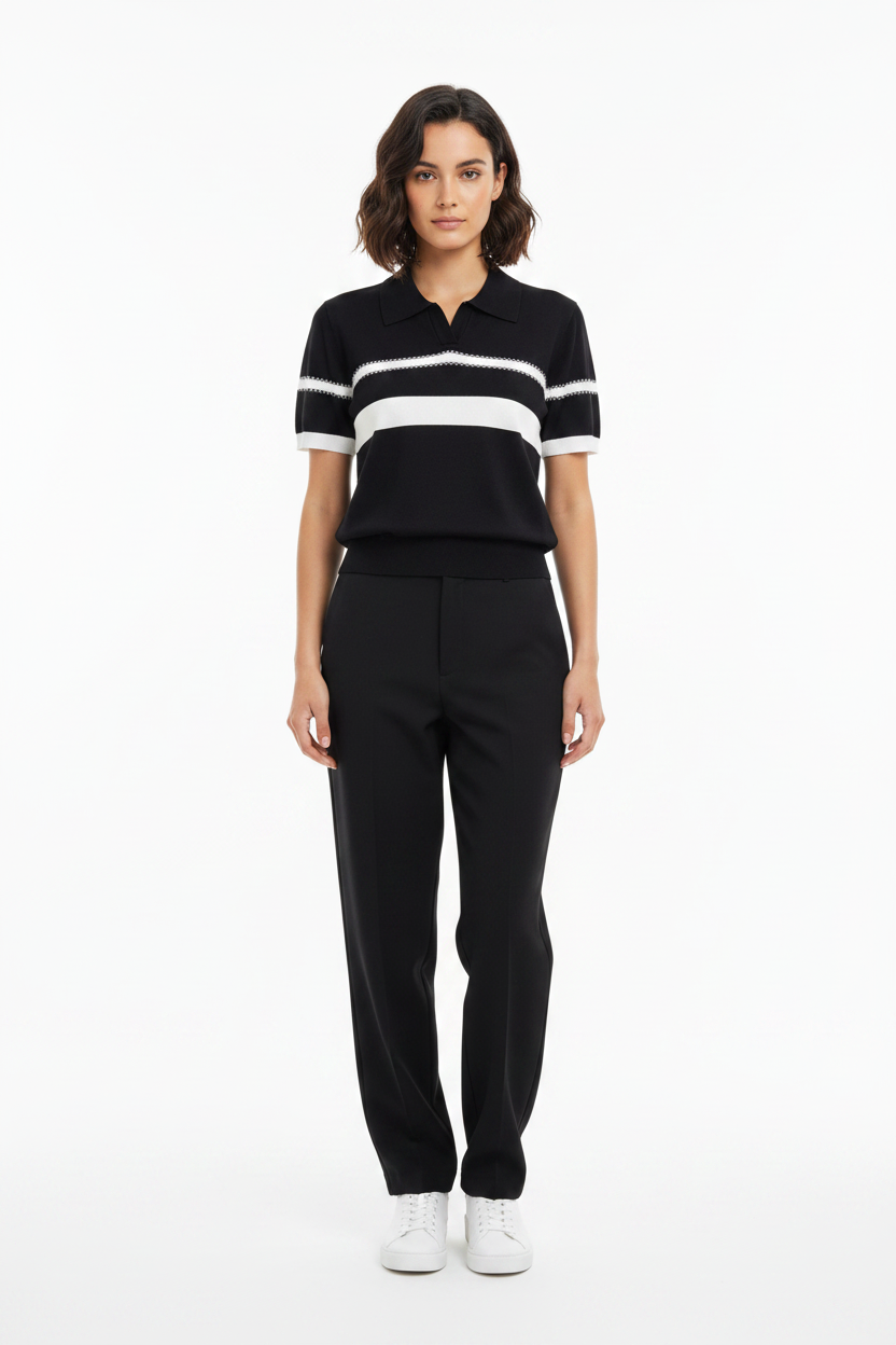 Black Knit Polo Top - Front View