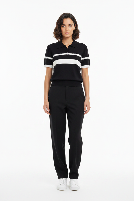 Black Knit Polo Top - Front View