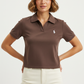 Women Cotton Polo Crop Top Brown - Front Pose Model