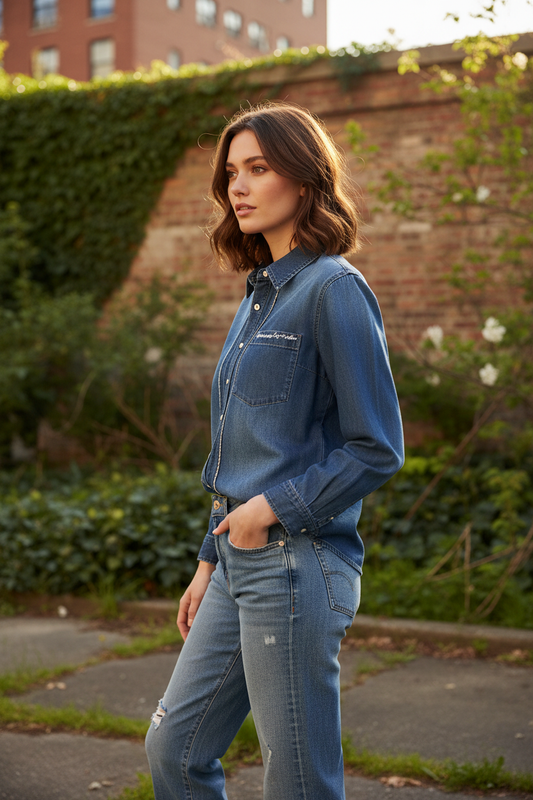 Denim Shirt - Female Model Side Pose