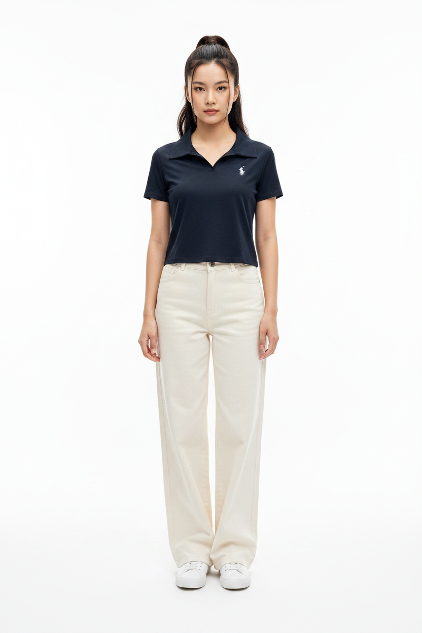 Women Cotton Polo Crop Top Navy Blue - Front Pose Model