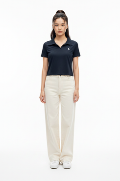 Women Cotton Polo Crop Top Navy Blue - Front Pose Model