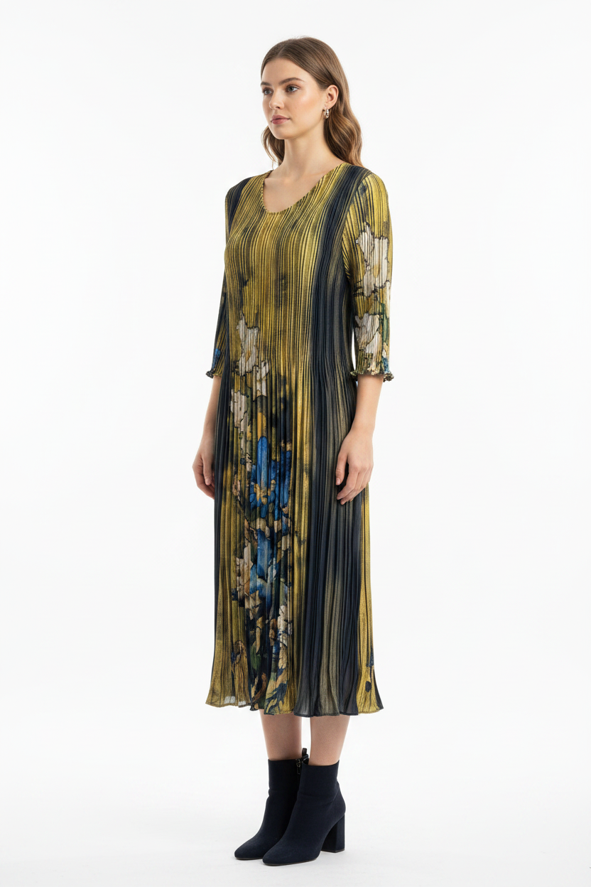 Magical Pleated Floral Midi Dress – Golden & Navy Blue