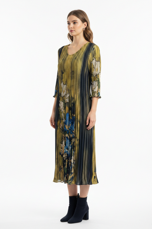 Magical Pleated Floral Midi Dress – Golden & Navy Blue