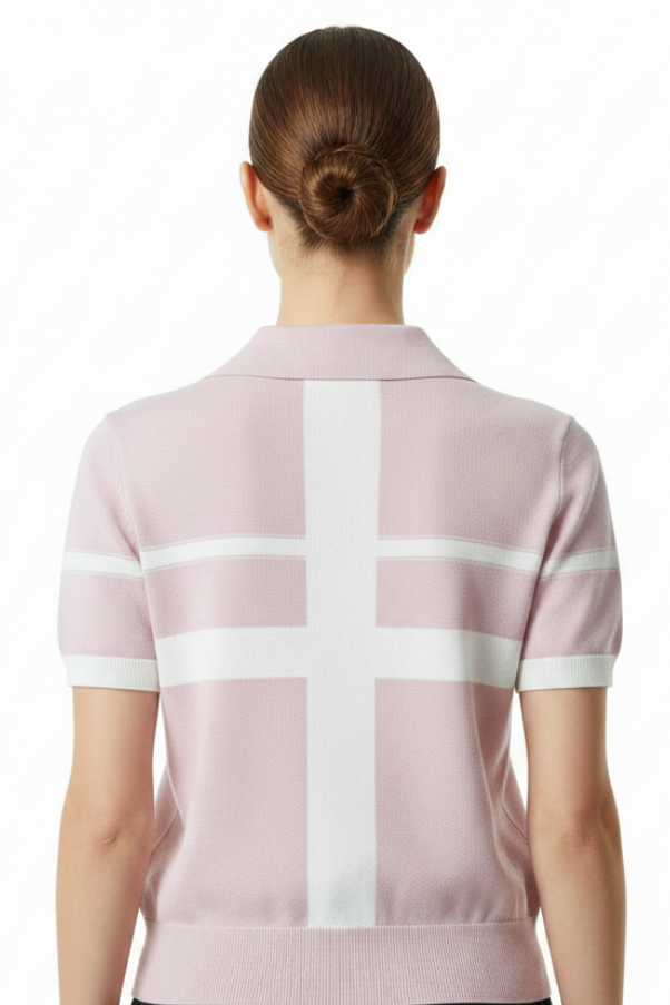 Model wearing pink polo - back