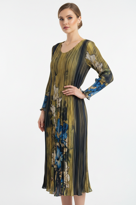 Magical Pleated Floral Midi Dress – Golden & Navy Blue