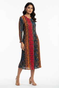 Magical Multicolor Pleated Midi Dress – Vibrant Floral & Paisley Print