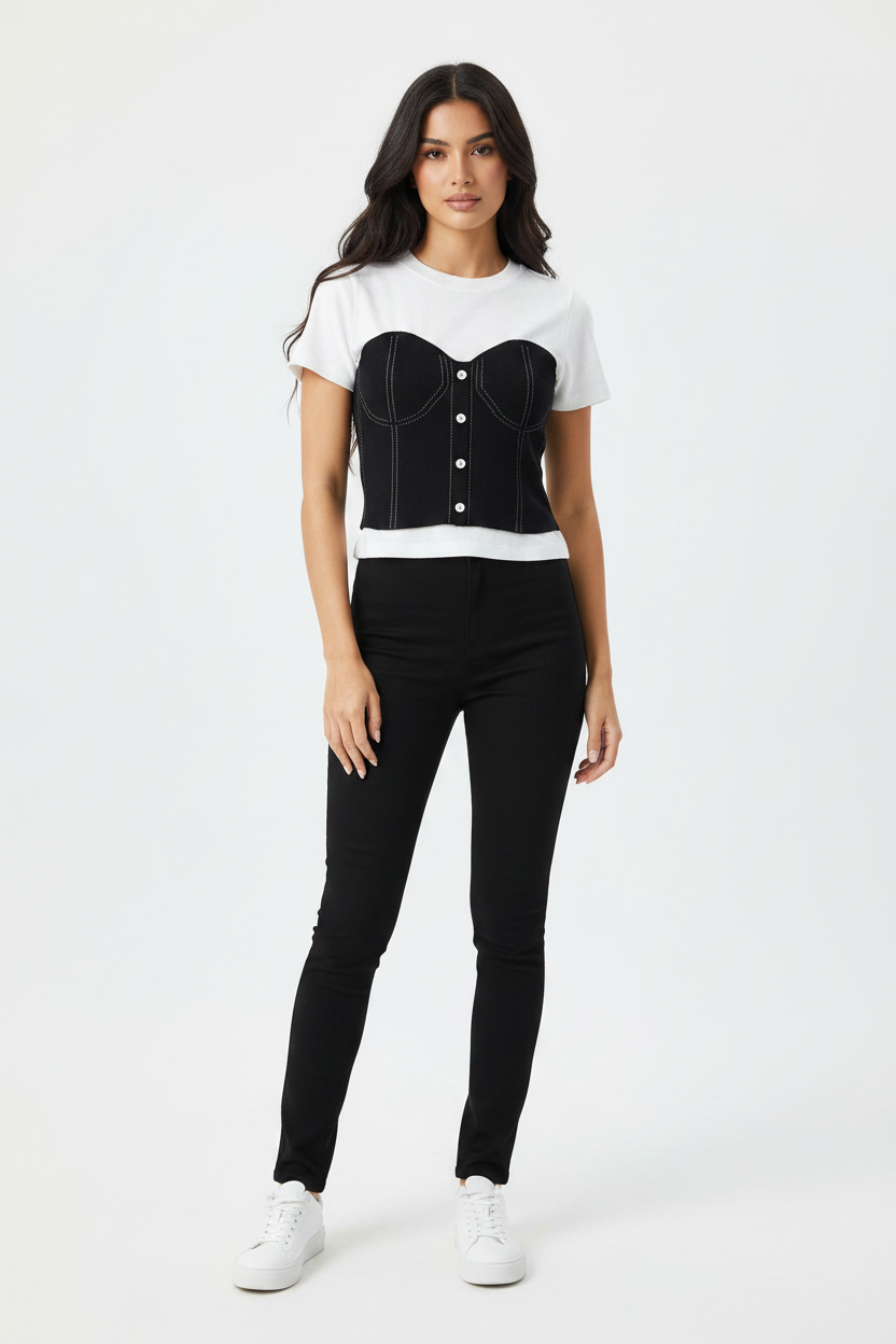 Two-Tone Knitting T-Shirt Top - White & Black