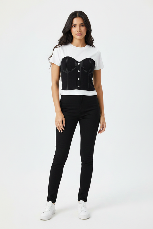 Two-Tone Knitting T-Shirt Top - White & Black