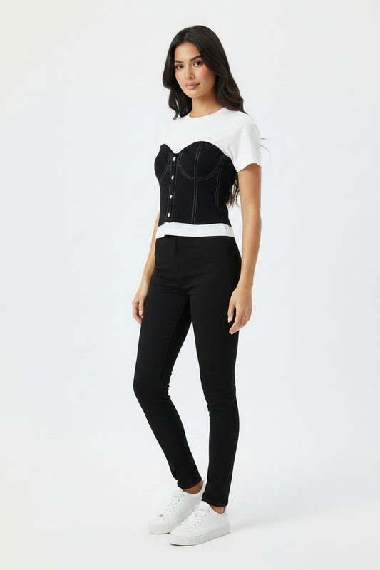 Two-Tone Knitting T-Shirt Top - White & Black