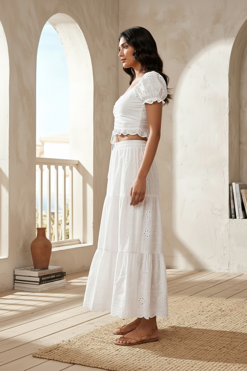 White schiffli Embroidery Co-ord Set – Crop Top With Long Skirt