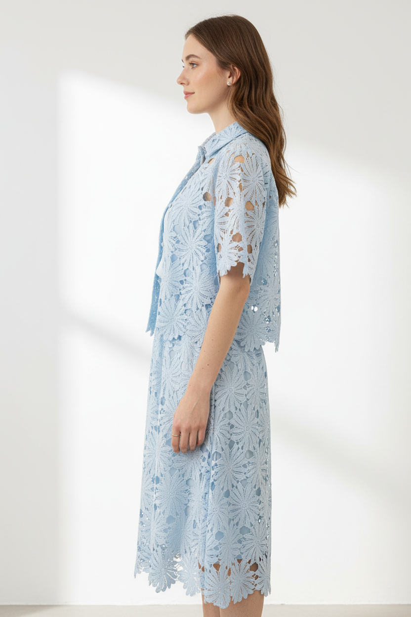 Sky Blue Floral Lace Hollow-Out Co-Ord Set – Crop Top & Midi Skirt