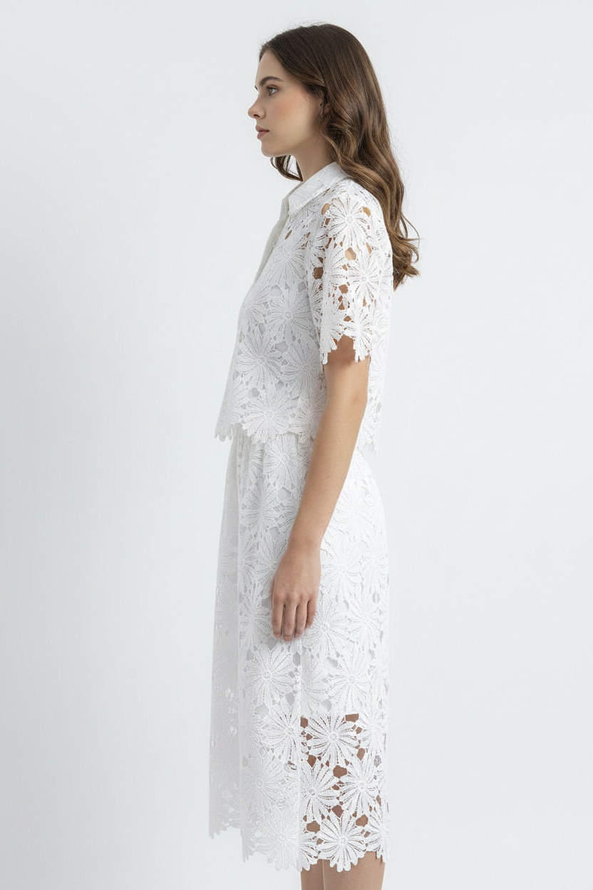 White Floral Lace Hollow-Out Co-Ord Set – Crop Top & Midi Skirt