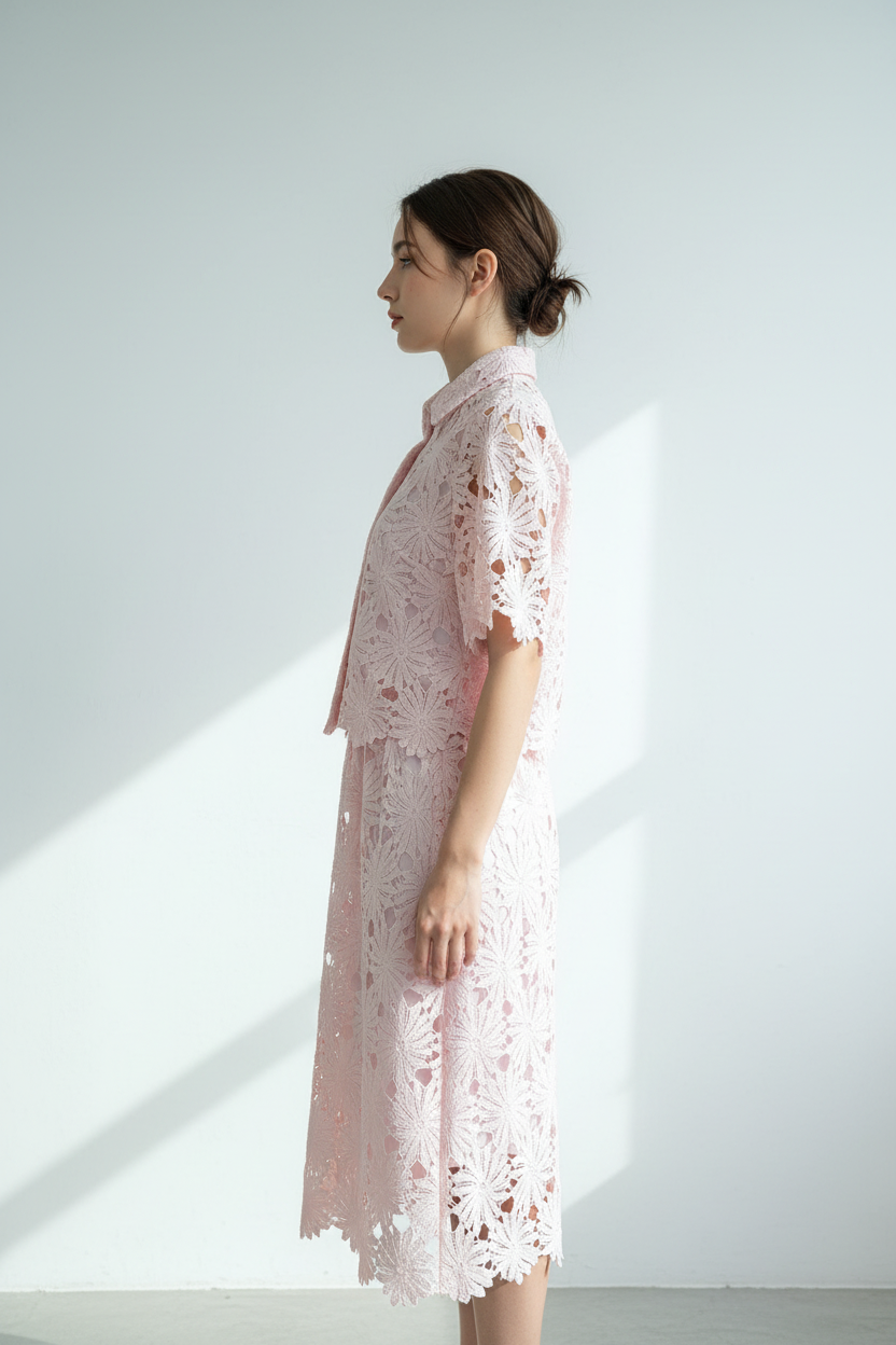 Light Pink Floral Lace Hollow-Out Co-Ord Set – Crop Top & Midi Skirt