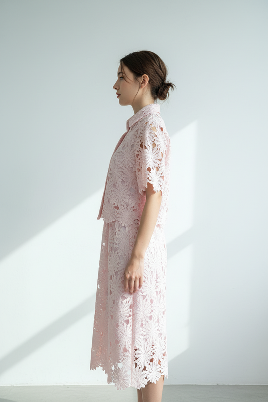 Light Pink Floral Lace Hollow-Out Co-Ord Set – Crop Top & Midi Skirt