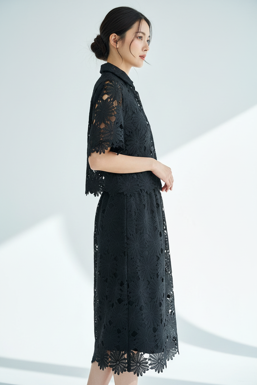Black Floral Lace Hollow-Out Co-Ord Set – Crop Top & Midi Skirt
