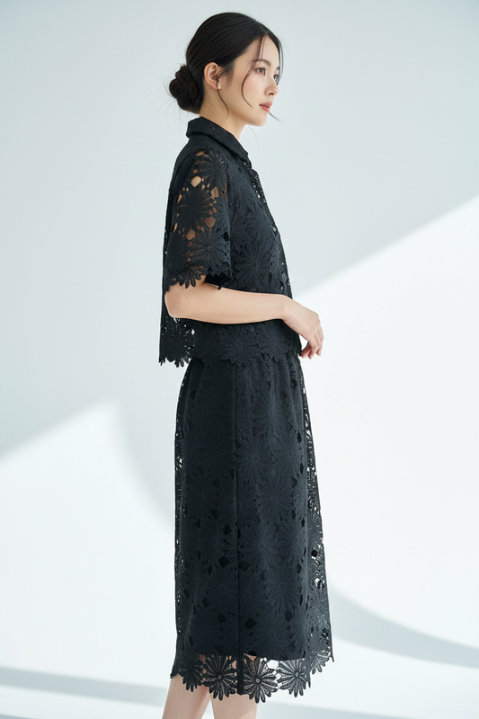 Black Floral Lace Hollow-Out Co-Ord Set – Crop Top & Midi Skirt
