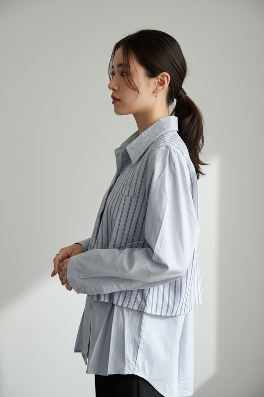 Light Blue Layered Designer Shirt – Pinstripe Vest & Plain Oversized Shirt
