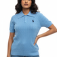 Women Model in Blue Cable-Knit Polo