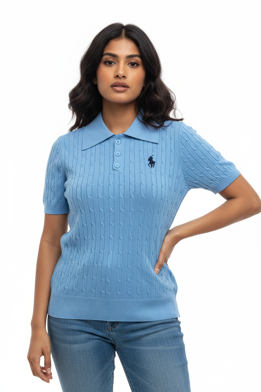 Women Model in Blue Cable-Knit Polo