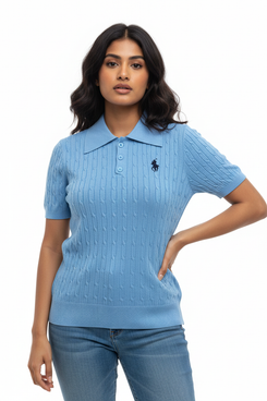 Women Model in Blue Cable-Knit Polo